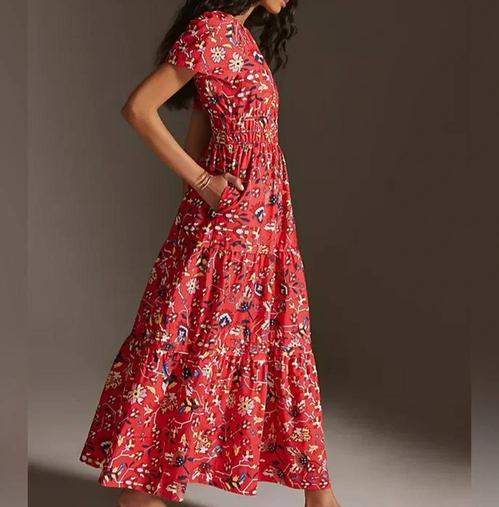 Anthropologie Somerset Tiered Maxi Dress Size Small Red Floral Geo Pockets Boho